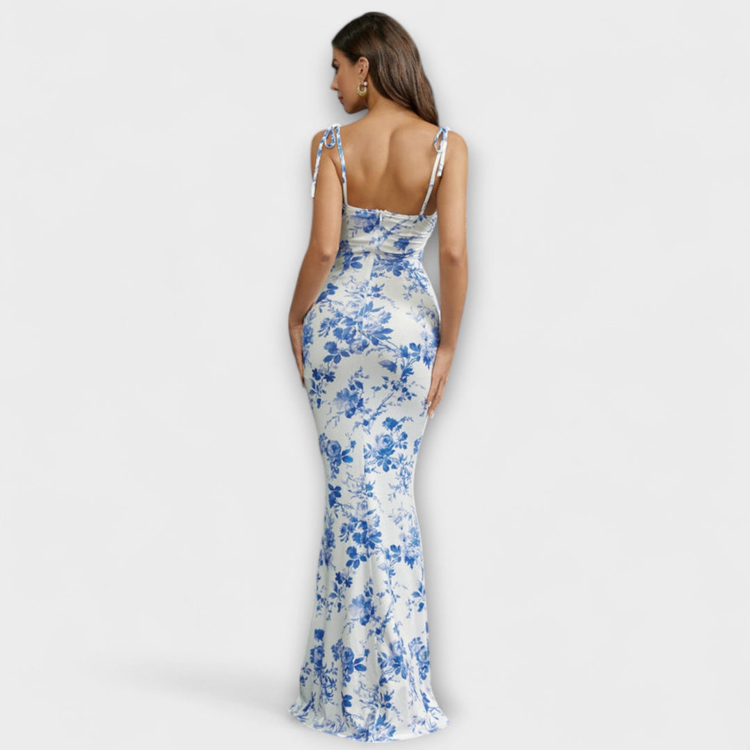 Thalia - Robe de soirée à imprimé floral et bretelles nouées