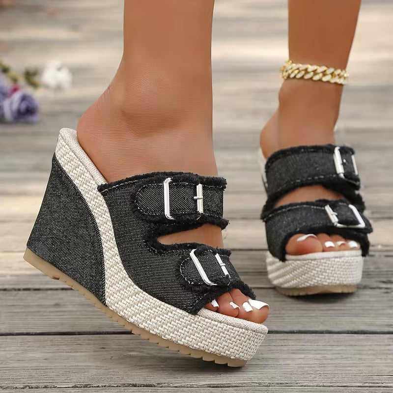 Elara Sandales à talons compensés en denim