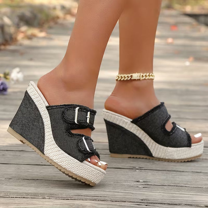 Elara Sandales à talons compensés en denim