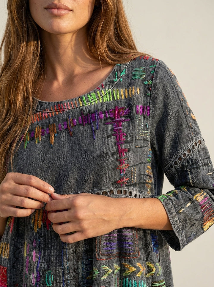 Manuela - Robe en Denim avec Patchwork Ethnique