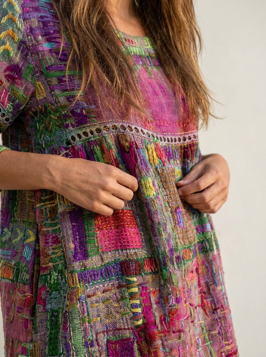 Manuela - Robe en Denim avec Patchwork Ethnique