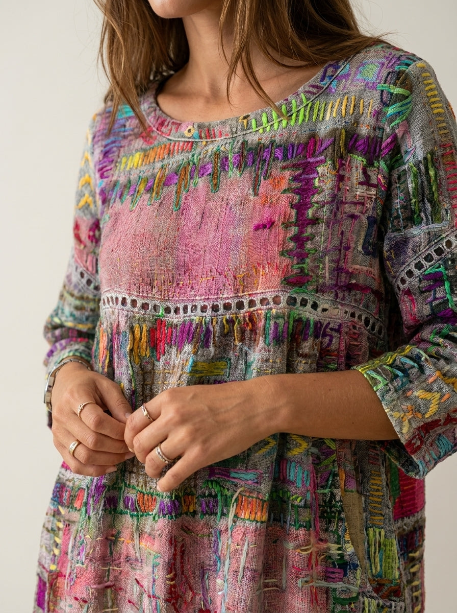 Manuela - Robe en Denim avec Patchwork Ethnique