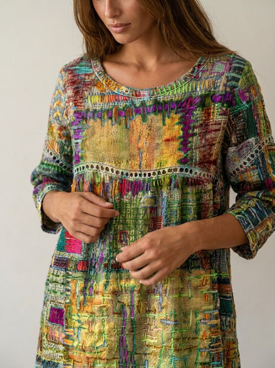 Manuela - Robe en Denim avec Patchwork Ethnique
