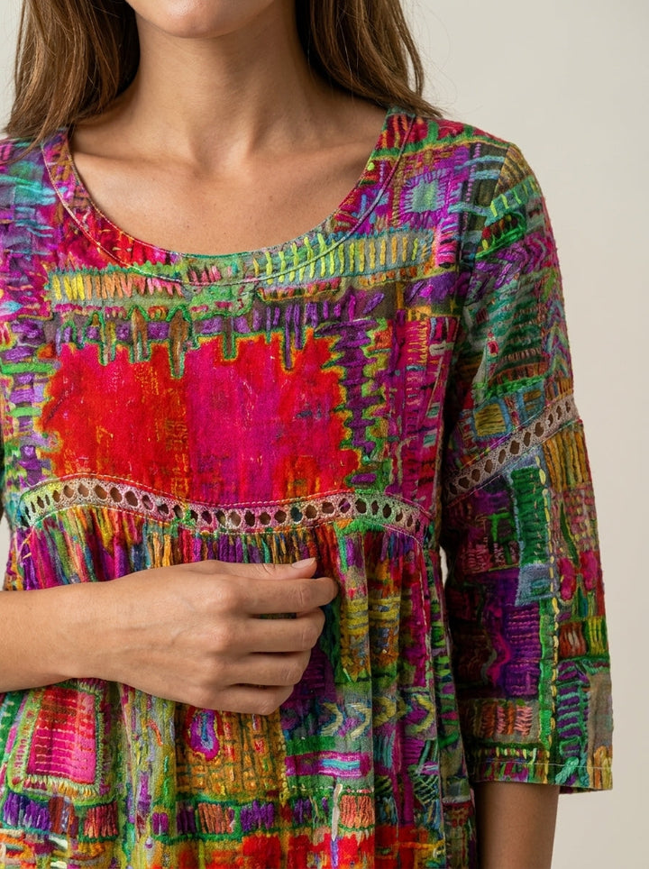 Manuela - Robe en Denim avec Patchwork Ethnique