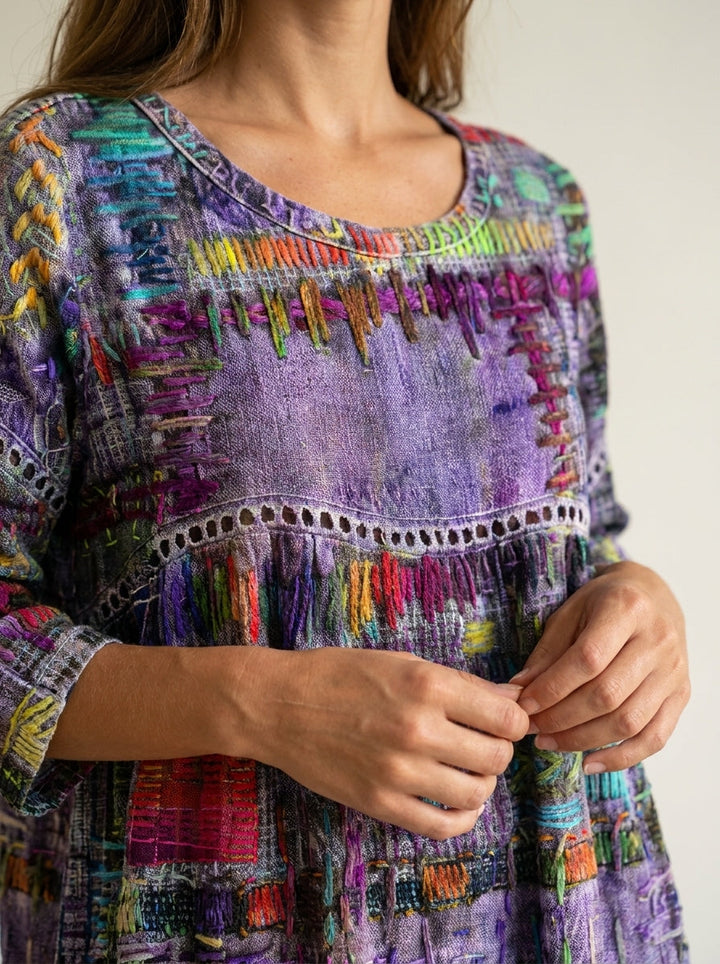 Manuela - Robe en Denim avec Patchwork Ethnique
