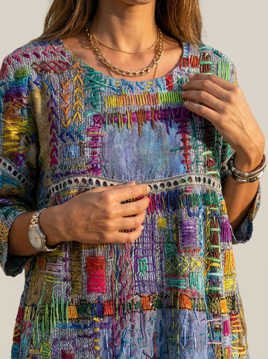 Manuela - Robe en Denim avec Patchwork Ethnique