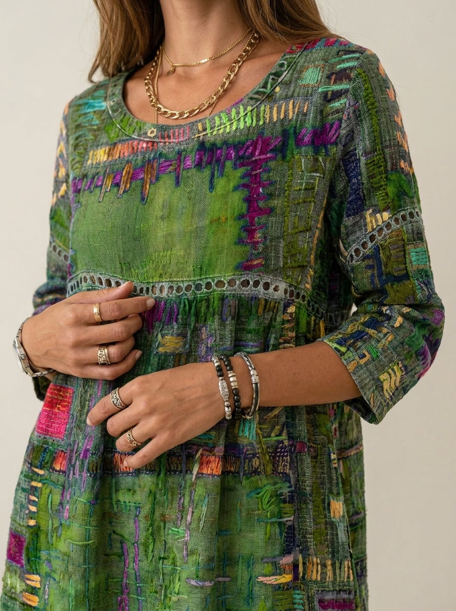 Manuela - Robe en Denim avec Patchwork Ethnique