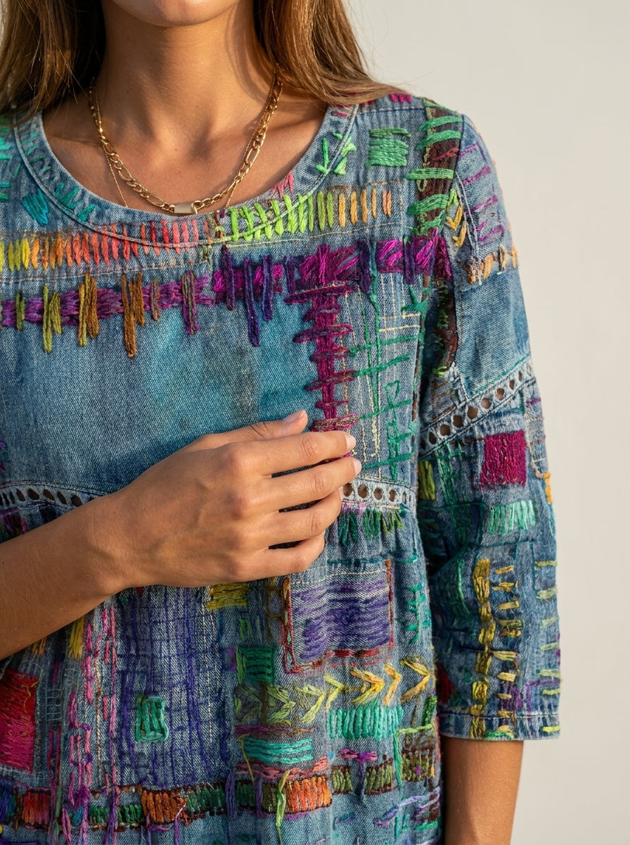 Manuela - Robe en Denim avec Patchwork Ethnique