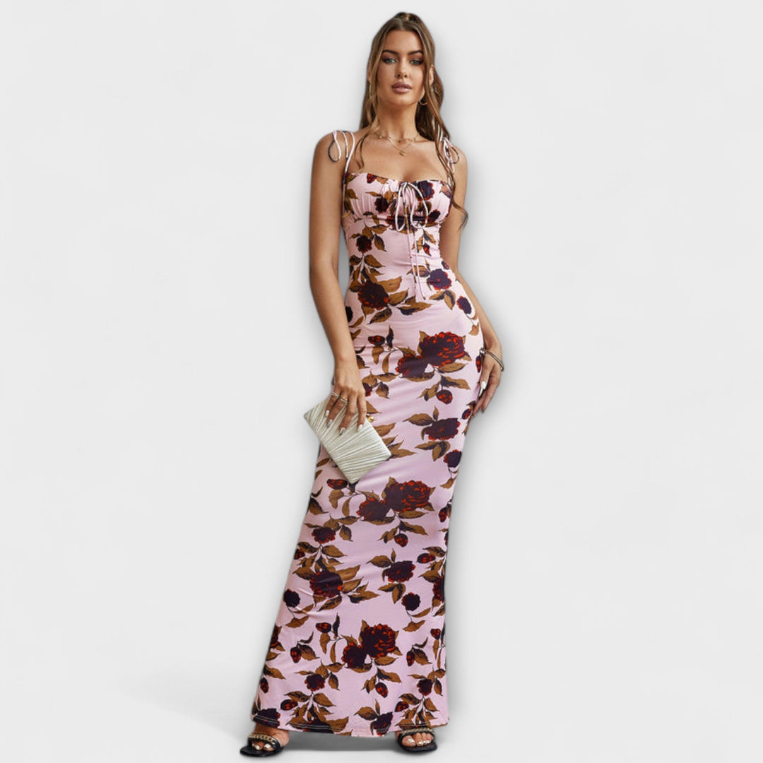 Thalia - Robe de soirée à imprimé floral et bretelles nouées