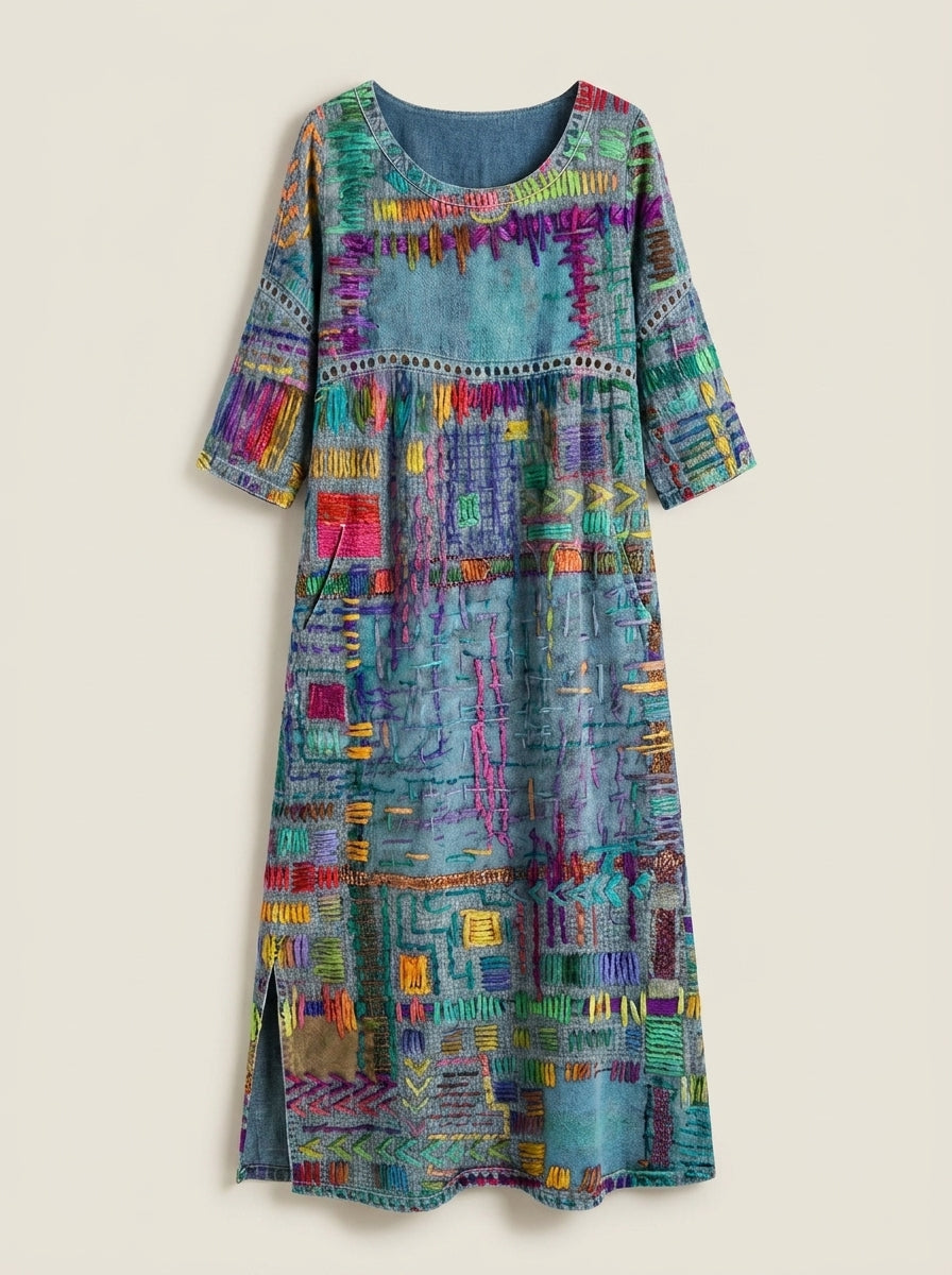 Manuela - Robe en Denim avec Patchwork Ethnique
