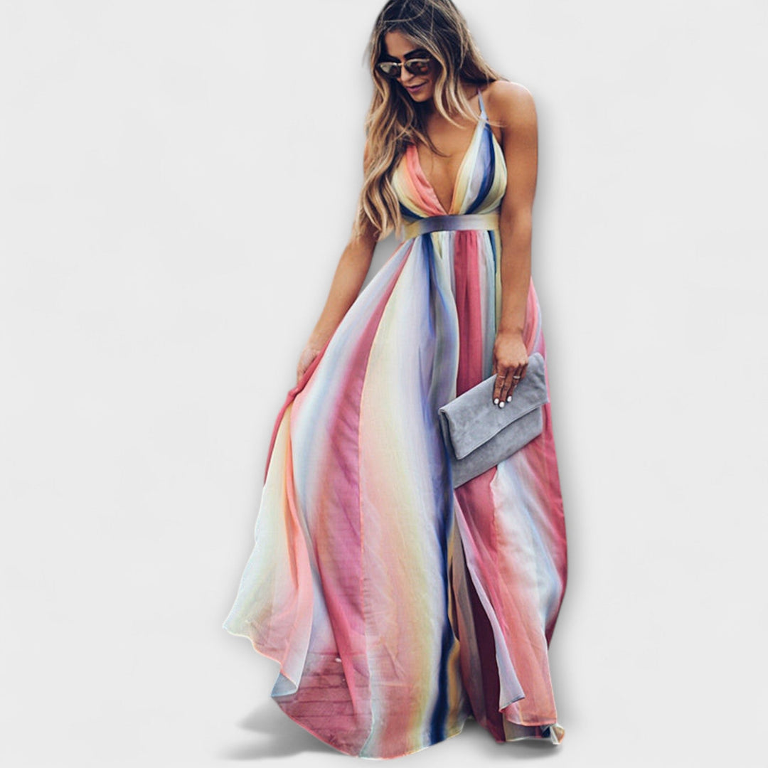 Robe femme à rayures multicolores avec décolleté en V