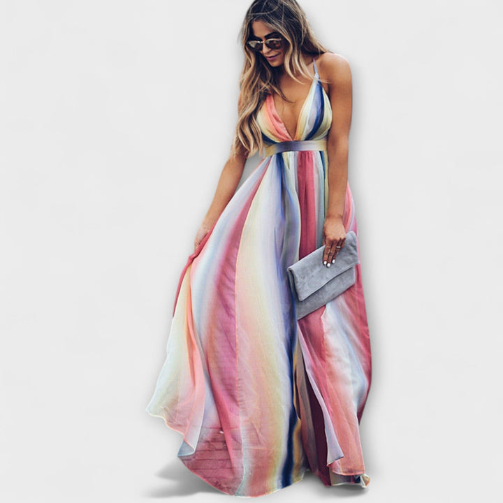 Robe femme à rayures multicolores avec décolleté en V