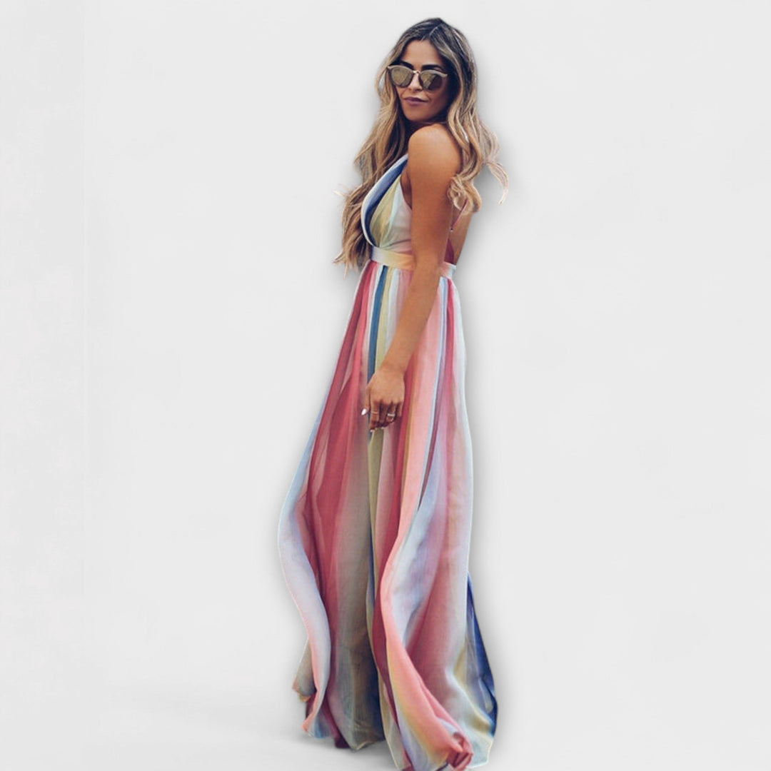 Robe femme à rayures multicolores avec décolleté en V