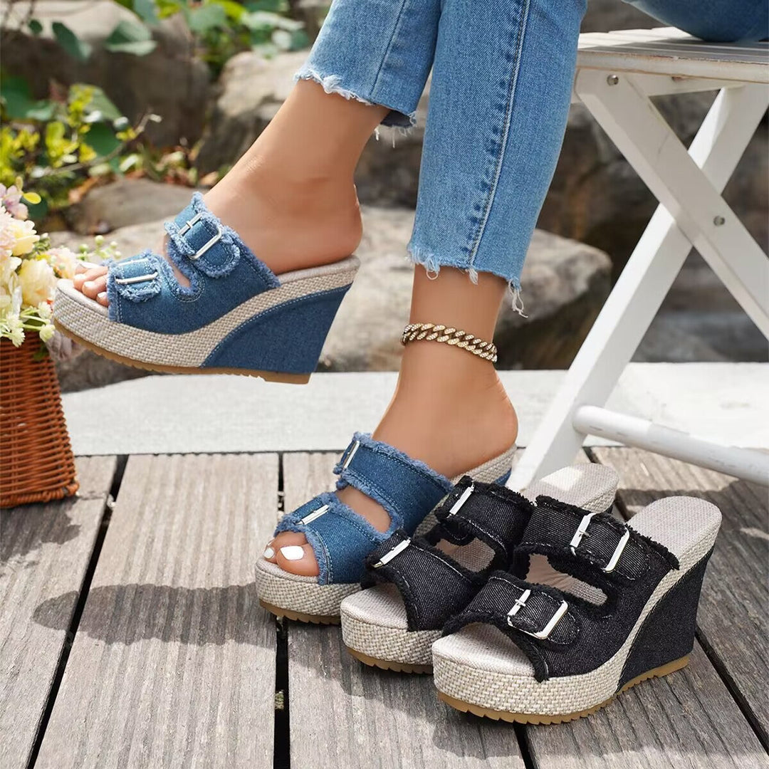 Elara Sandales à talons compensés en denim