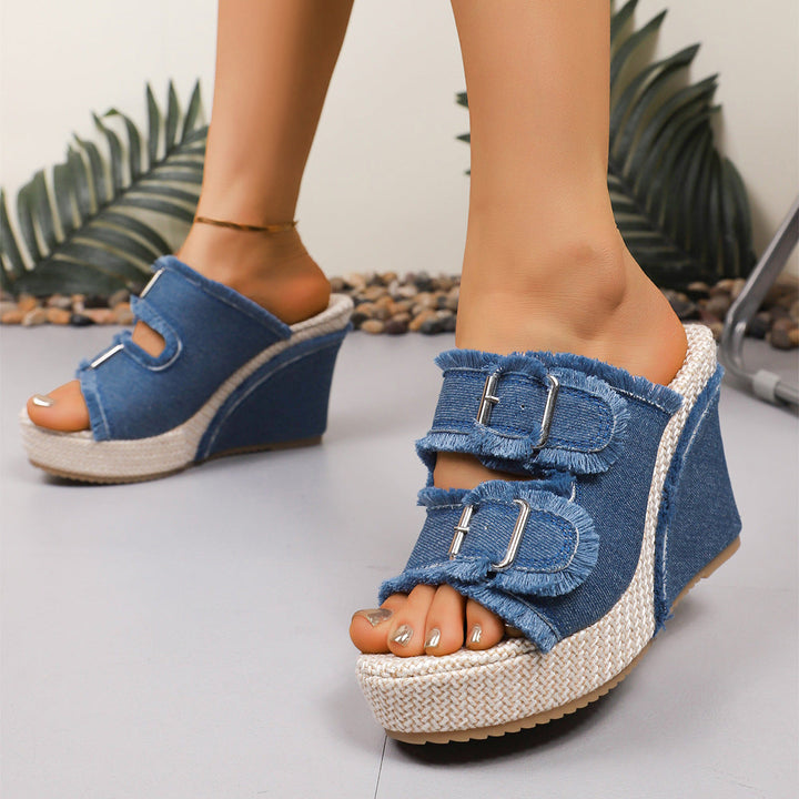 Elara Sandales à talons compensés en denim