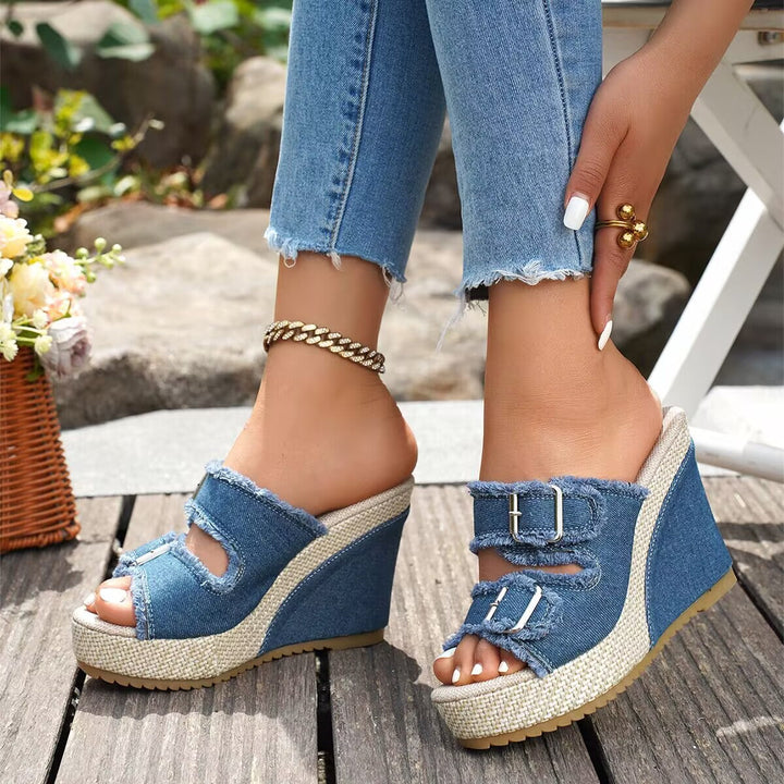 Elara Sandales à talons compensés en denim