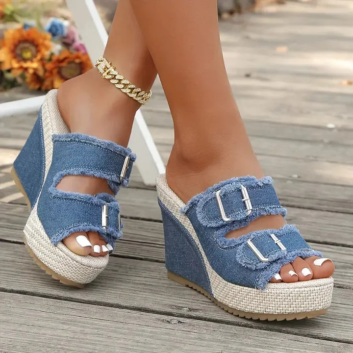 Elara Sandales à talons compensés en denim