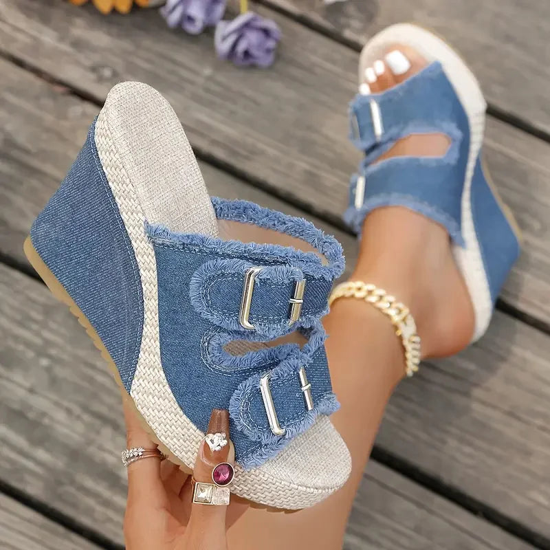 Elara Sandales à talons compensés en denim