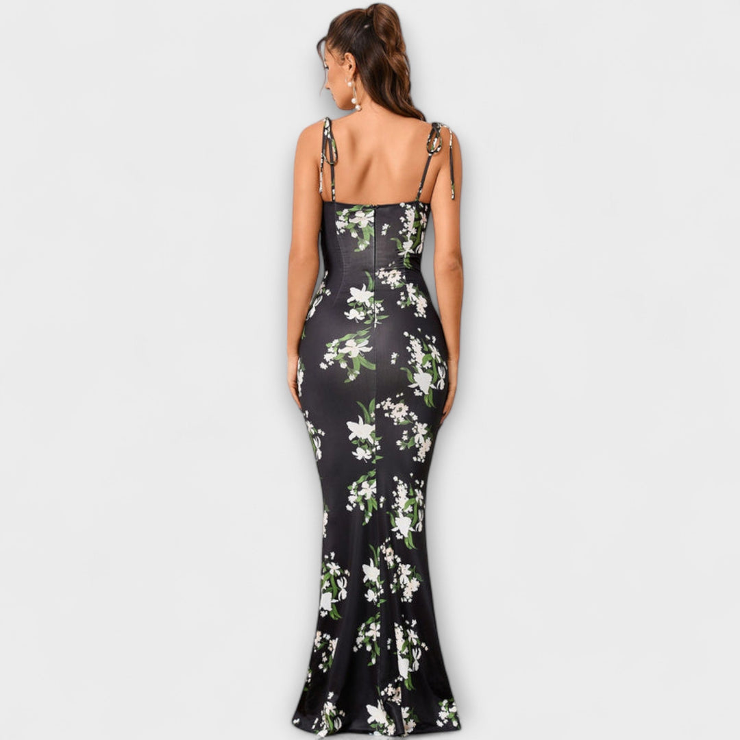 Thalia - Robe de soirée à imprimé floral et bretelles nouées