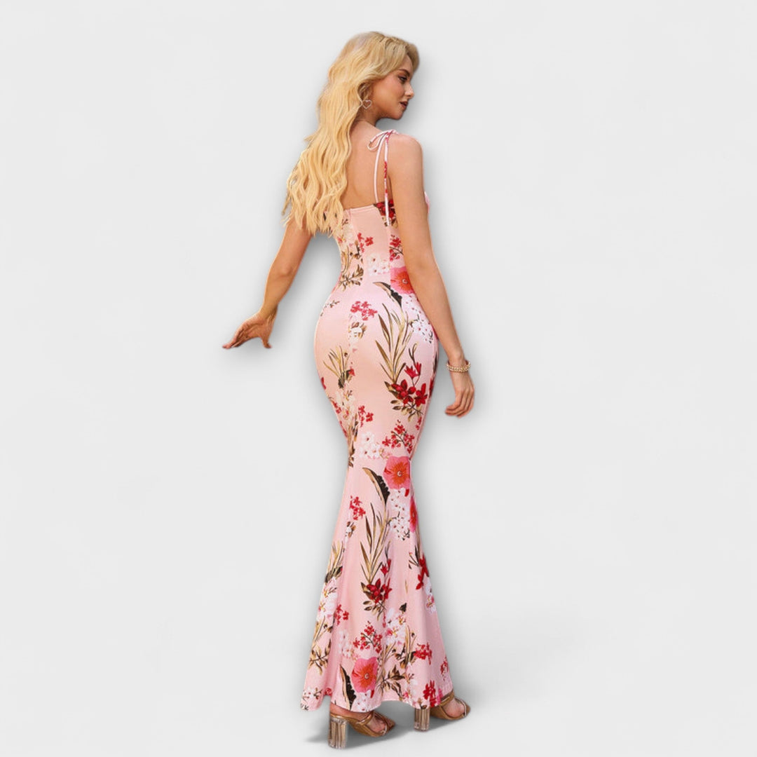 Thalia - Robe de soirée à imprimé floral et bretelles nouées