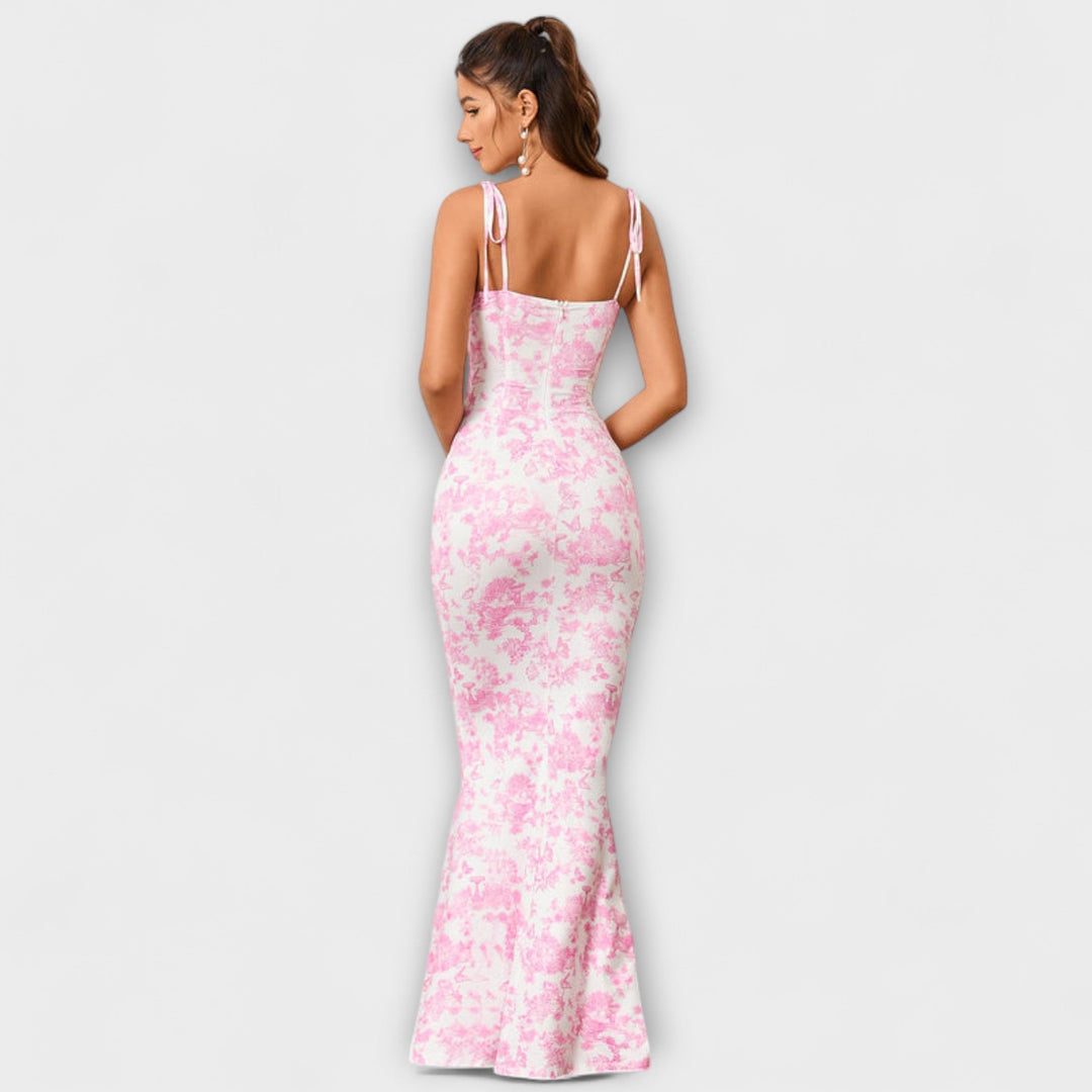 Thalia - Robe de soirée à imprimé floral et bretelles nouées