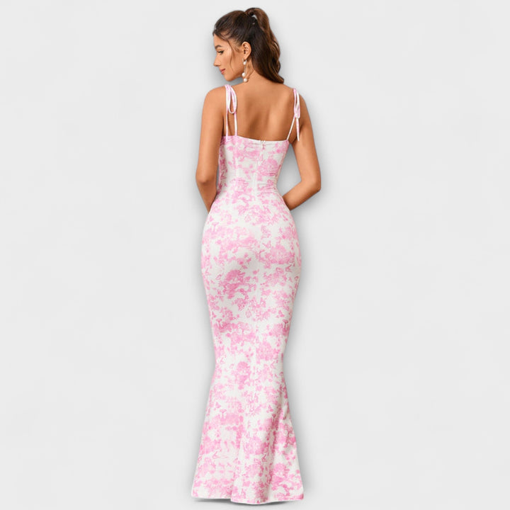 Thalia - Robe de soirée à imprimé floral et bretelles nouées
