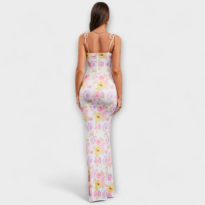 Thalia - Robe de soirée à imprimé floral et bretelles nouées