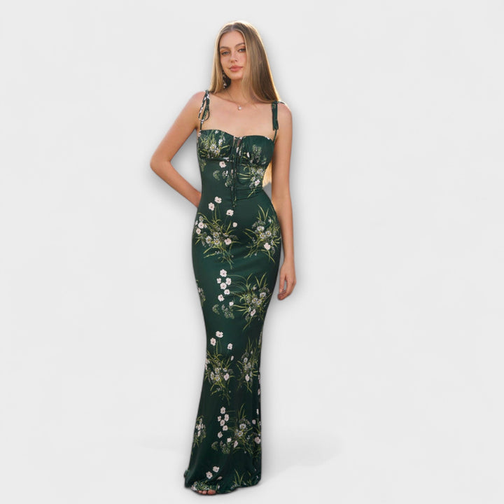 Thalia - Robe de soirée à imprimé floral et bretelles nouées