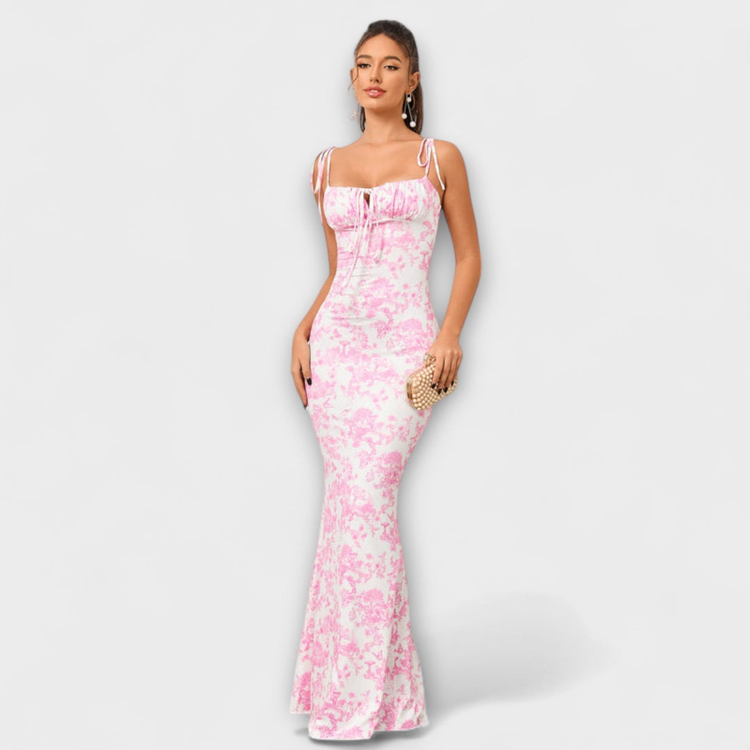 Thalia - Robe de soirée à imprimé floral et bretelles nouées