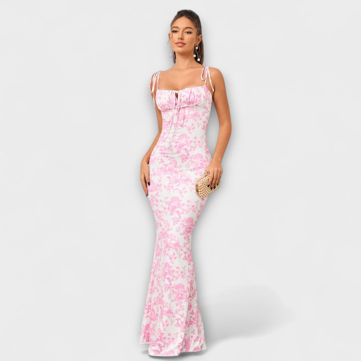 Thalia - Robe de soirée à imprimé floral et bretelles nouées