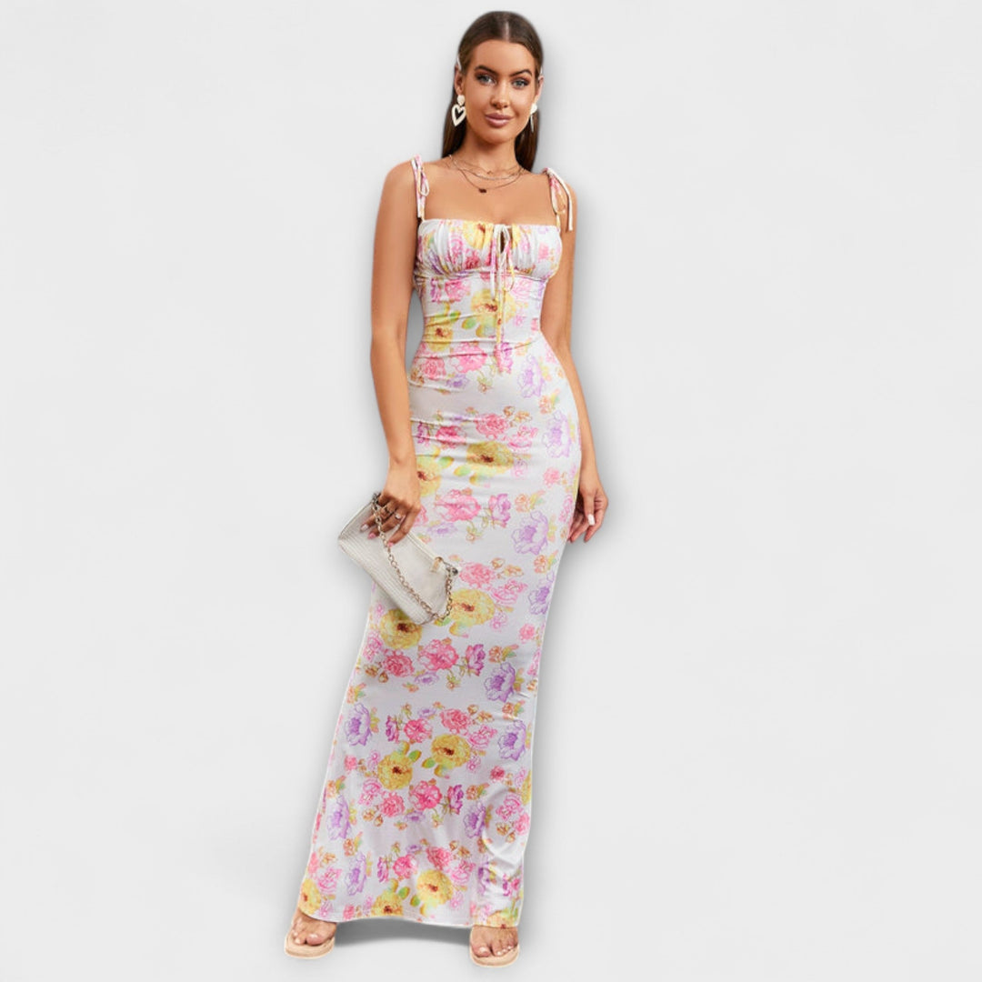 Thalia - Robe de soirée à imprimé floral et bretelles nouées