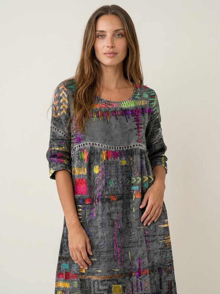 Manuela - Robe en Denim avec Patchwork Ethnique
