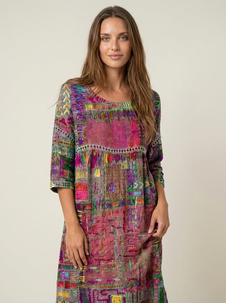 Manuela - Robe en Denim avec Patchwork Ethnique