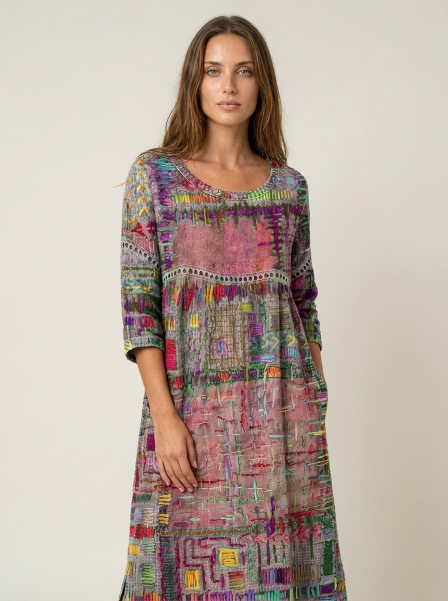 Manuela - Robe en Denim avec Patchwork Ethnique