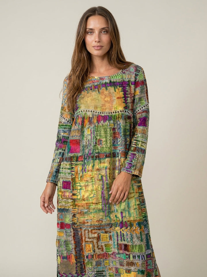 Manuela - Robe en Denim avec Patchwork Ethnique