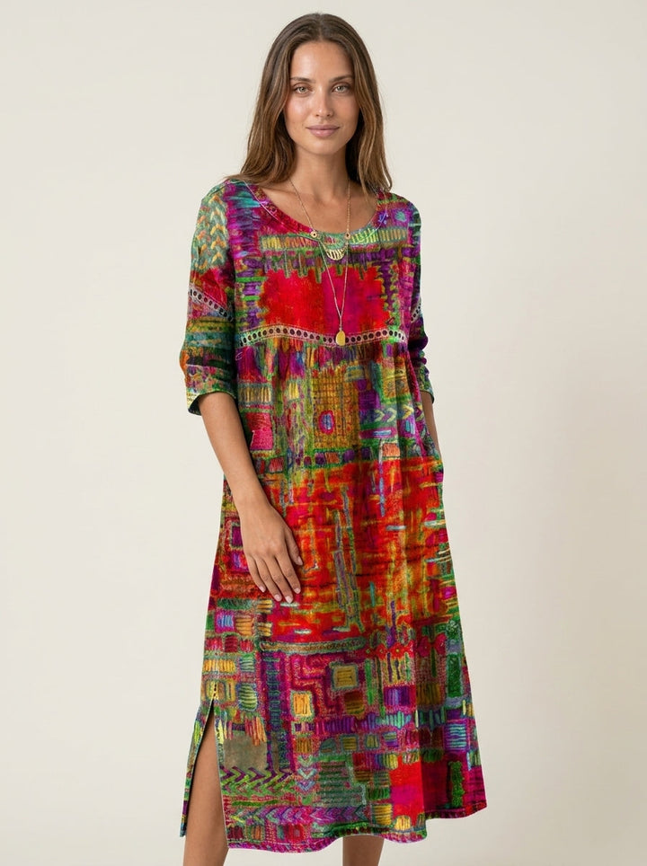 Manuela - Robe en Denim avec Patchwork Ethnique