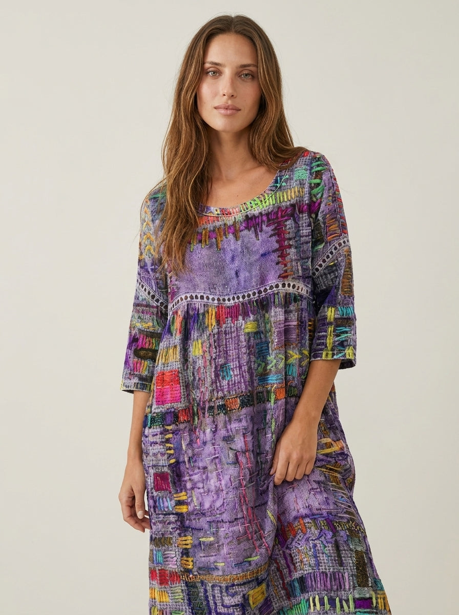 Manuela - Robe en Denim avec Patchwork Ethnique