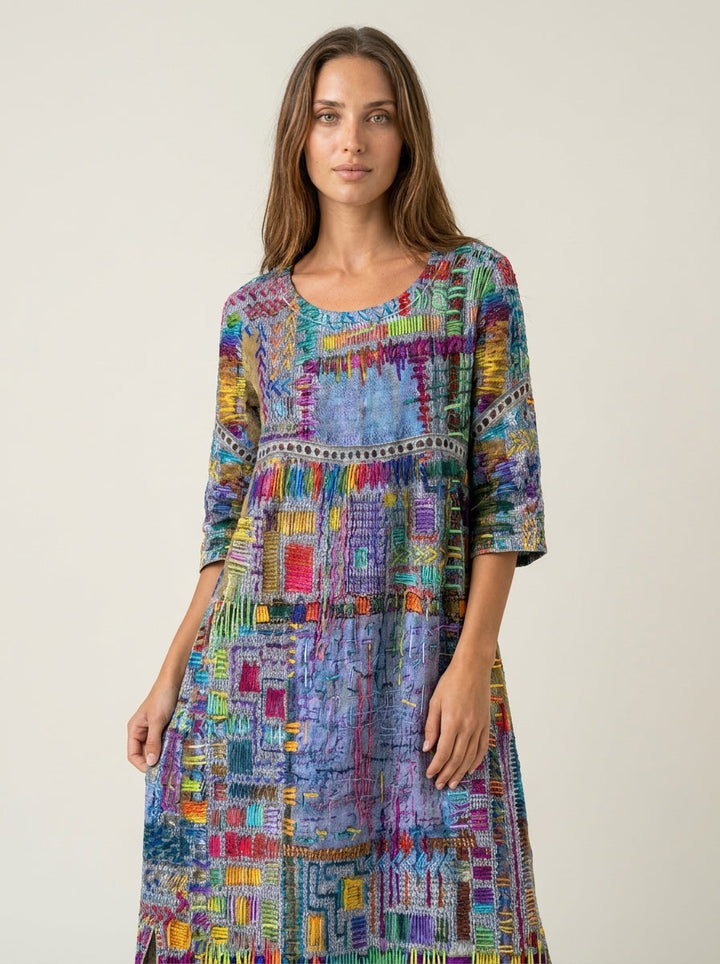 Manuela - Robe en Denim avec Patchwork Ethnique
