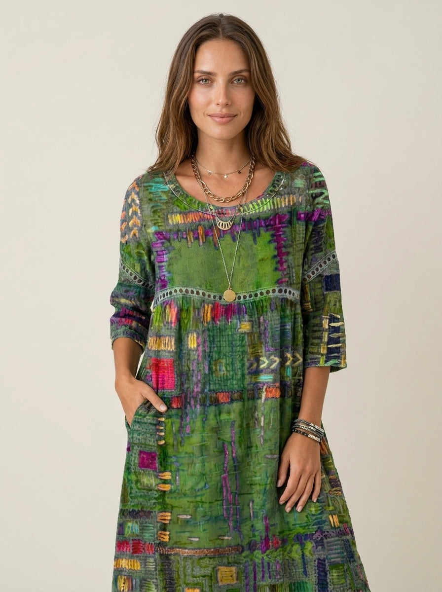 Manuela - Robe en Denim avec Patchwork Ethnique