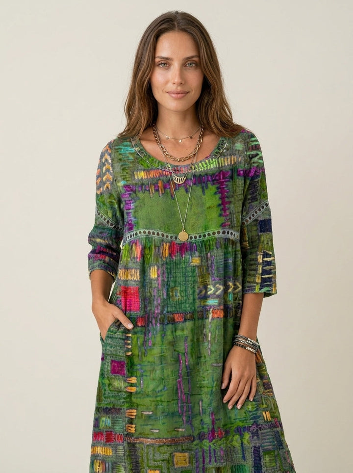 Manuela - Robe en Denim avec Patchwork Ethnique
