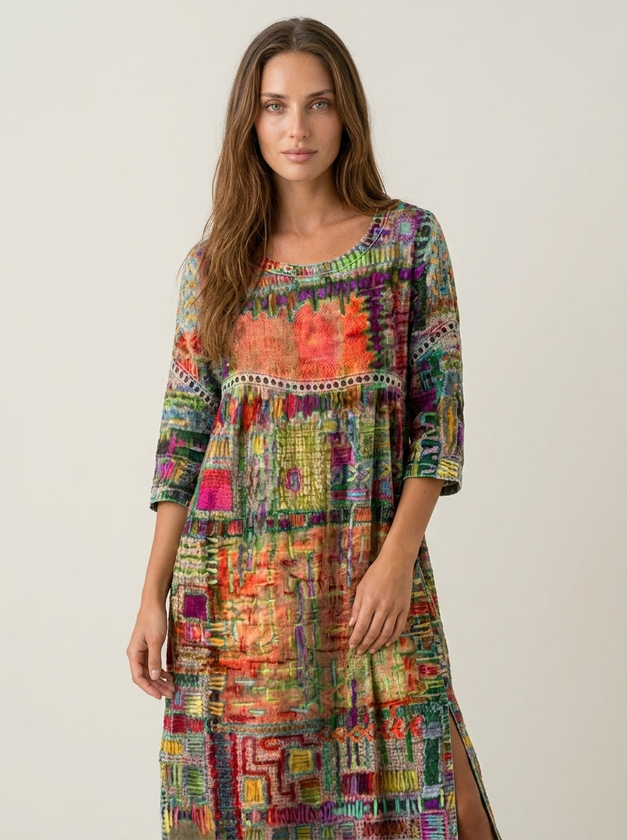 Manuela - Robe en Denim avec Patchwork Ethnique