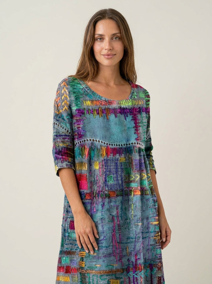 Manuela - Robe en Denim avec Patchwork Ethnique