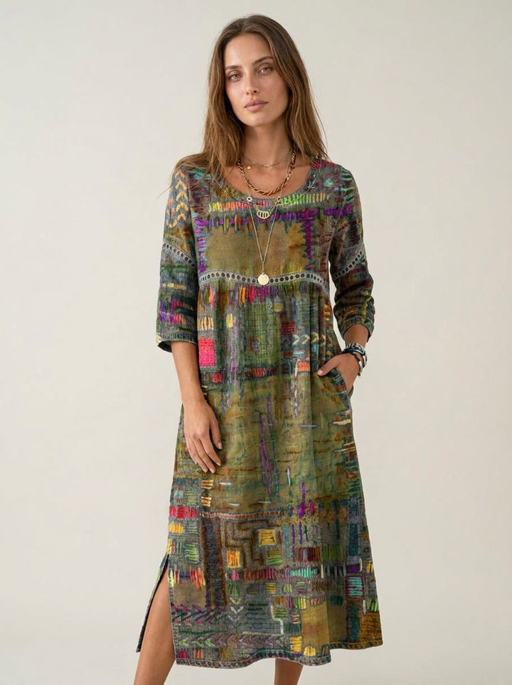 Manuela - Robe en Denim avec Patchwork Ethnique
