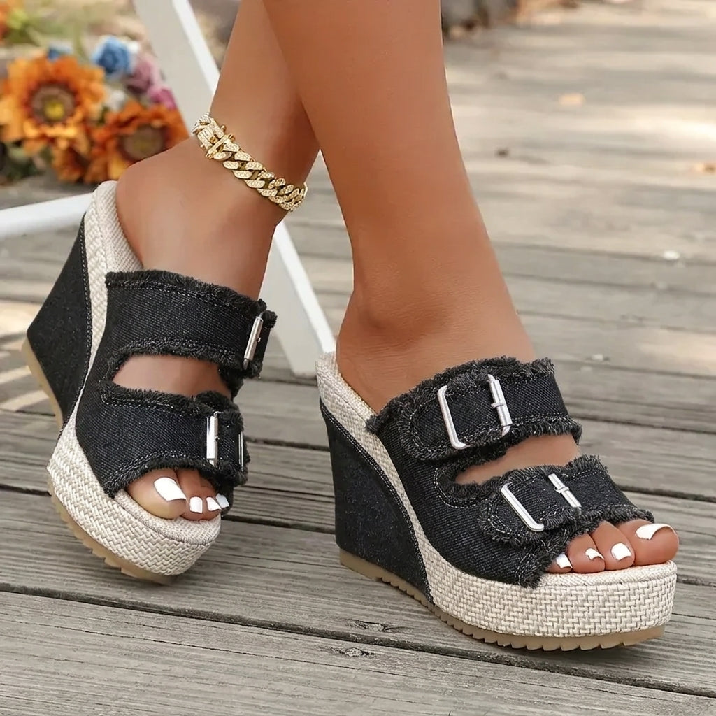Elara Sandales à talons compensés en denim
