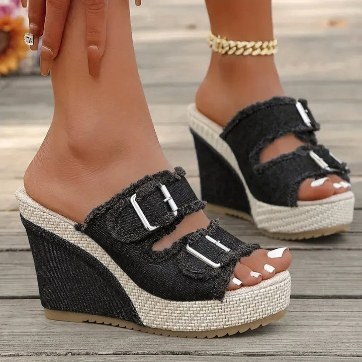 Elara Sandales à talons compensés en denim