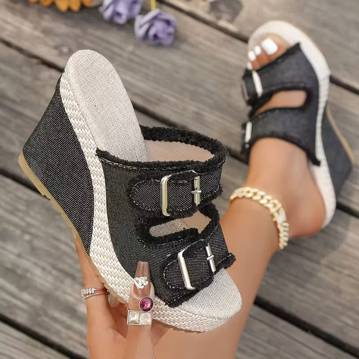 Elara Sandales à talons compensés en denim