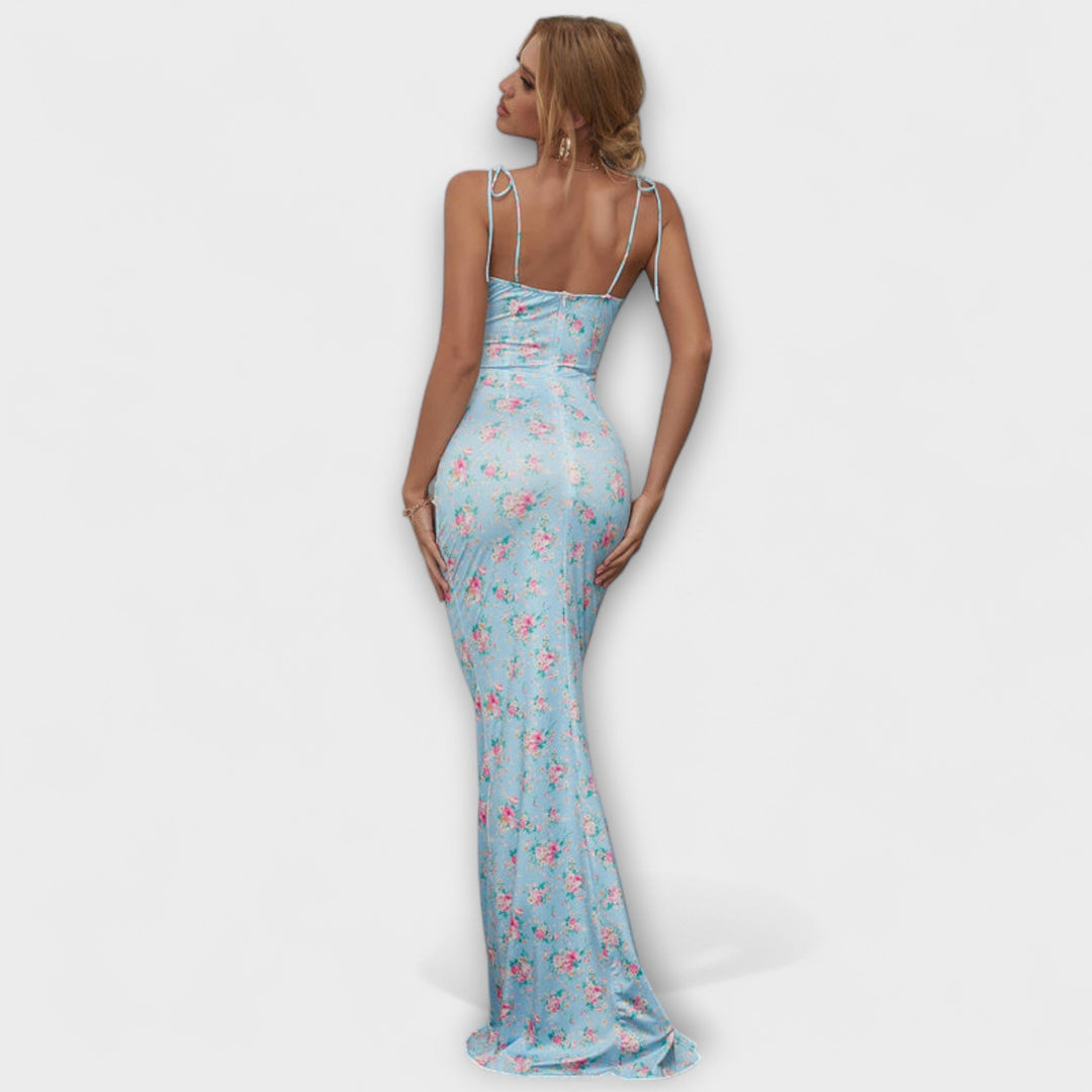 Thalia - Robe de soirée à imprimé floral et bretelles nouées