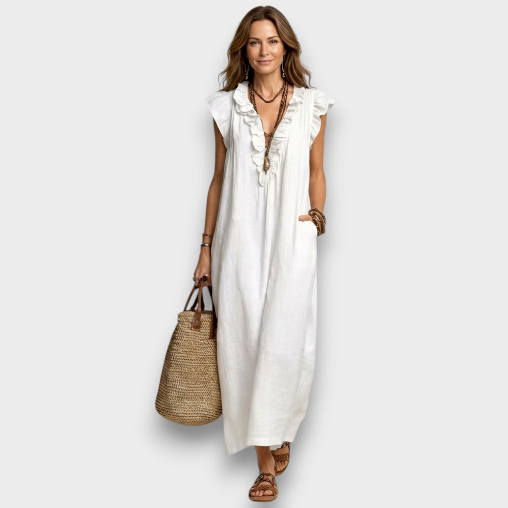 Josette - Robe Maxi en Lin avec Volants et Décolleté en V