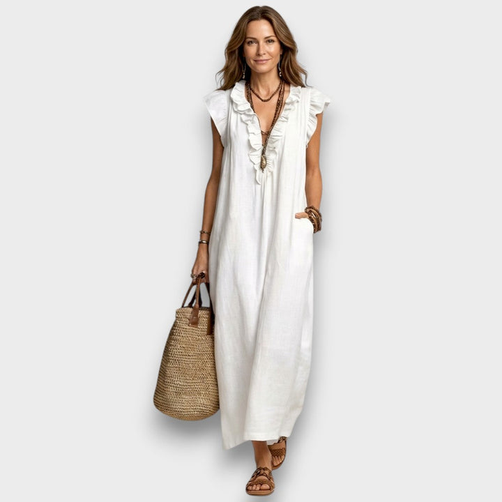 Josette - Robe Maxi en Lin avec Volants et Décolleté en V