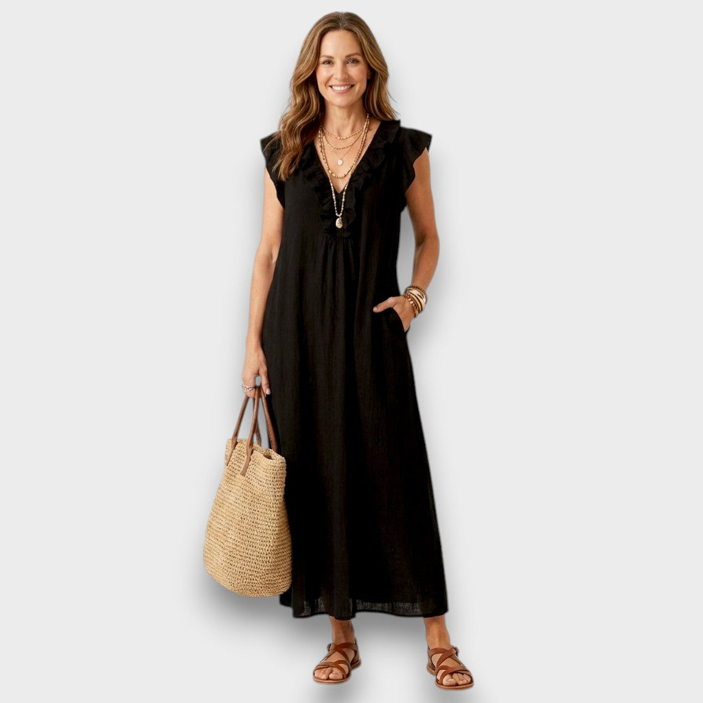 Josette - Robe Maxi en Lin avec Volants et Décolleté en V
